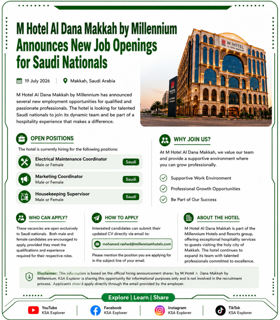 M Hotel Al Dana Makkah by Millennium Announces New Job Openings for Saudi Nationals 1f99bd44 a00d 4a4e 8c12 bc0b609bcf1b 1