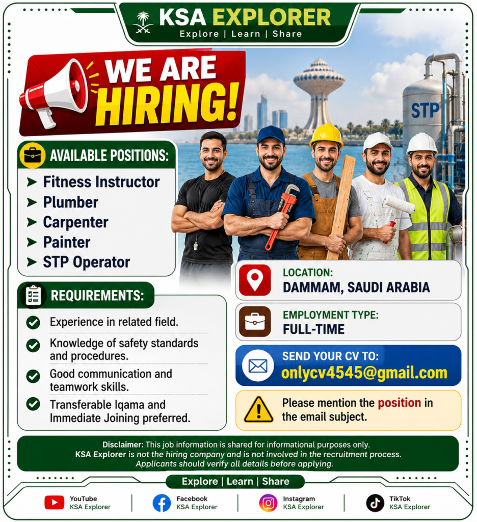 Dammam Jobs 2026: Multiple Vacancies Announced for Plumber, Carpenter, Painter, Fitness Instructor & STP Operator 7a90e1c0 9e6d 43e8 967b 07e8db475a45