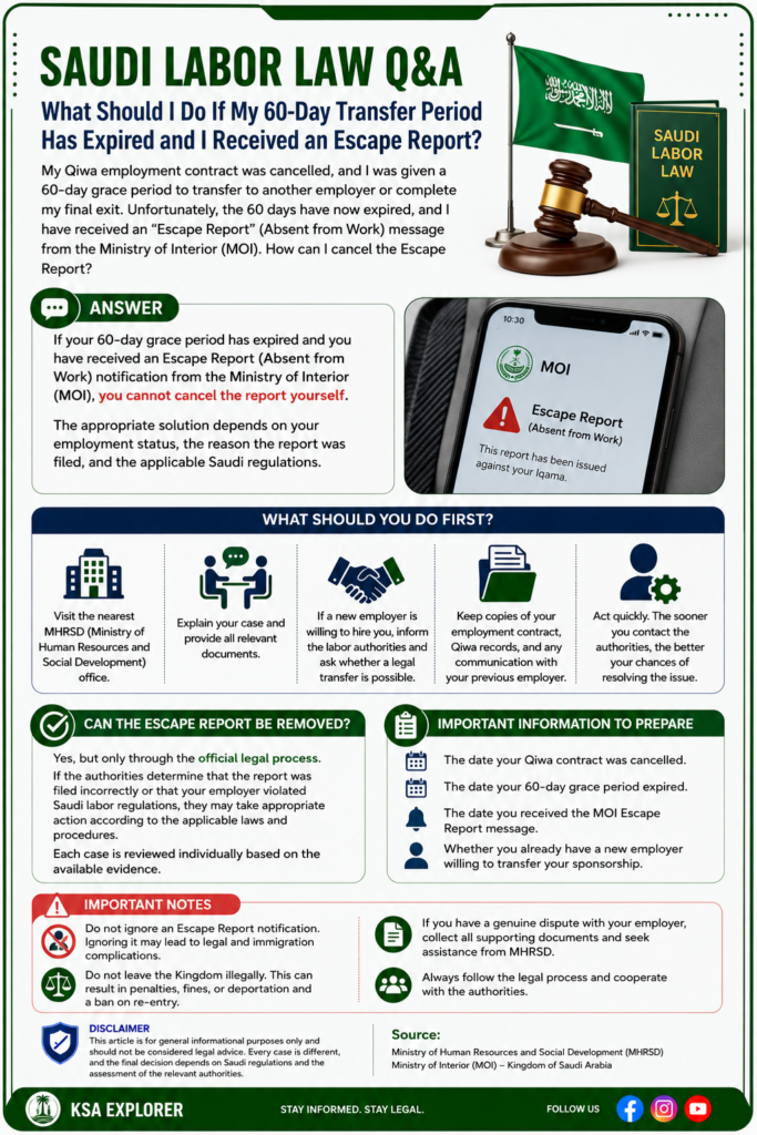 Saudi Labor Law Q&A: What Should I Do If My 60-Day Transfer Period Has Expired and I Received an Escape Report? 88a85660 3bbe 44bc 8f76 0f3b62368471 683x1024